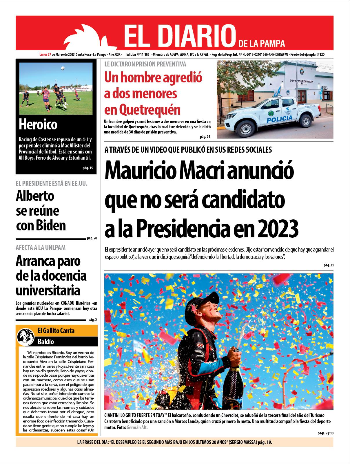Tapa del diacutea lunes 27 de marzo de 2023
